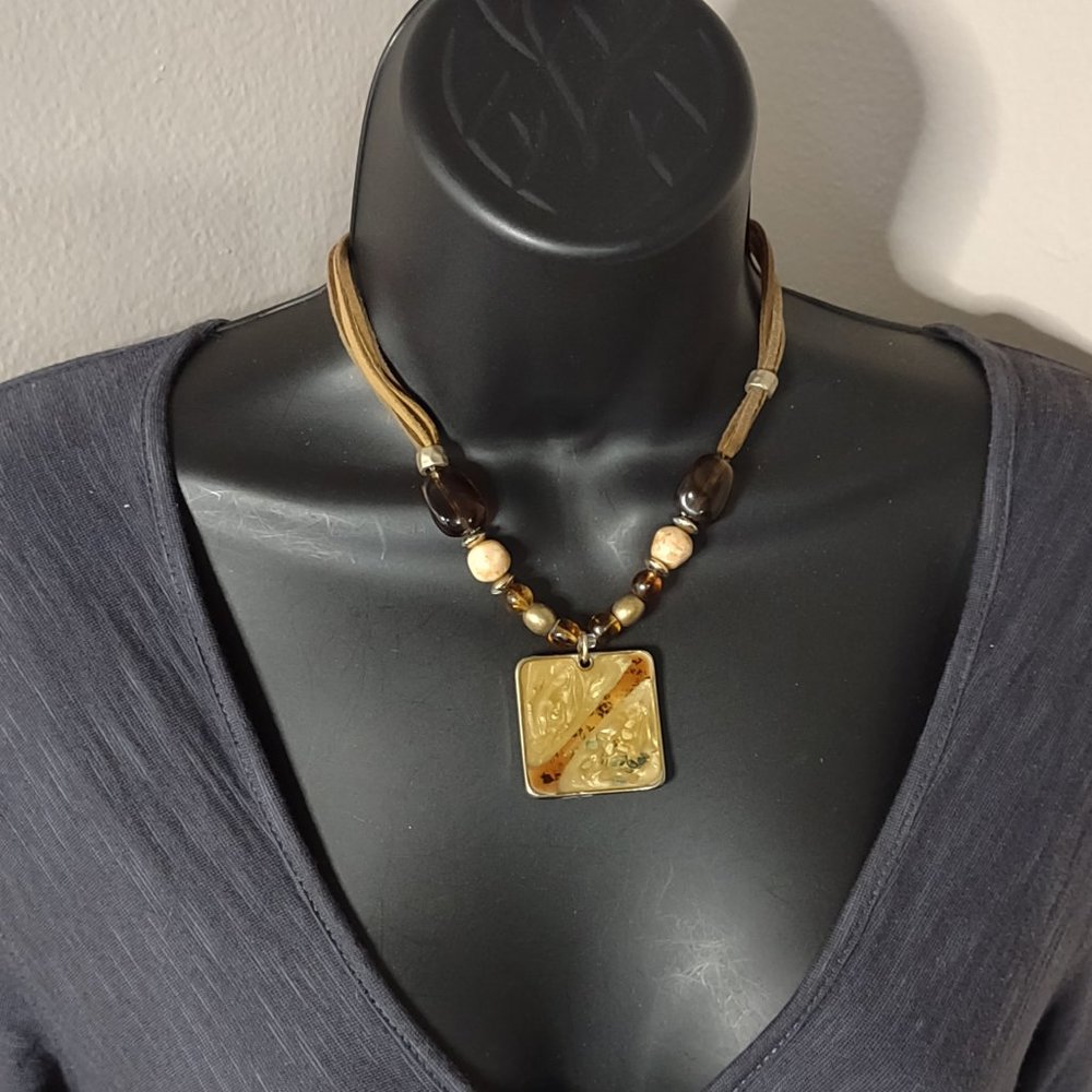 Laura & Ashley Square Pendant And Plastic Bead Necklace 16 To 18.5 Inches